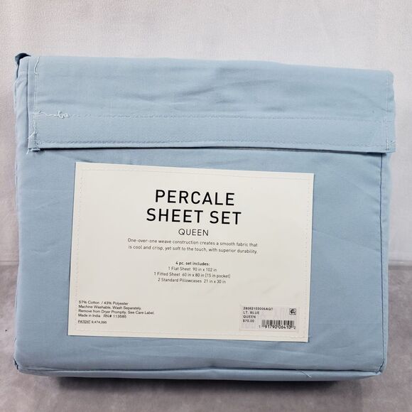 AQ Textiles Percale Sheet Set Queen Solid Blue 4 pc 220 Thread Count - Picture 2 of 9